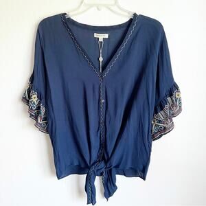 Max Studio Boho Ruffle Sleeve Embroidered Button Down Blouse Small